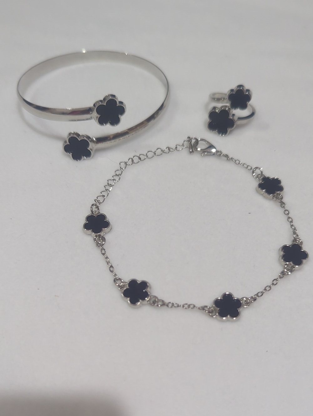 Silver Floral Black Enamel Bracelet, Bangle & Ring Set